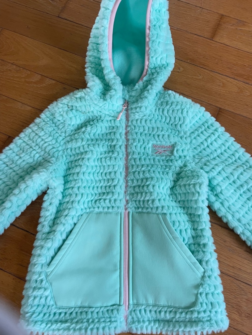 Reebok Kids Mint Green Sherpa Hoodie with Pink Trim